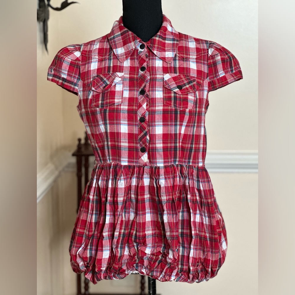 Girls Red Plaid Fit & Flare Blouse